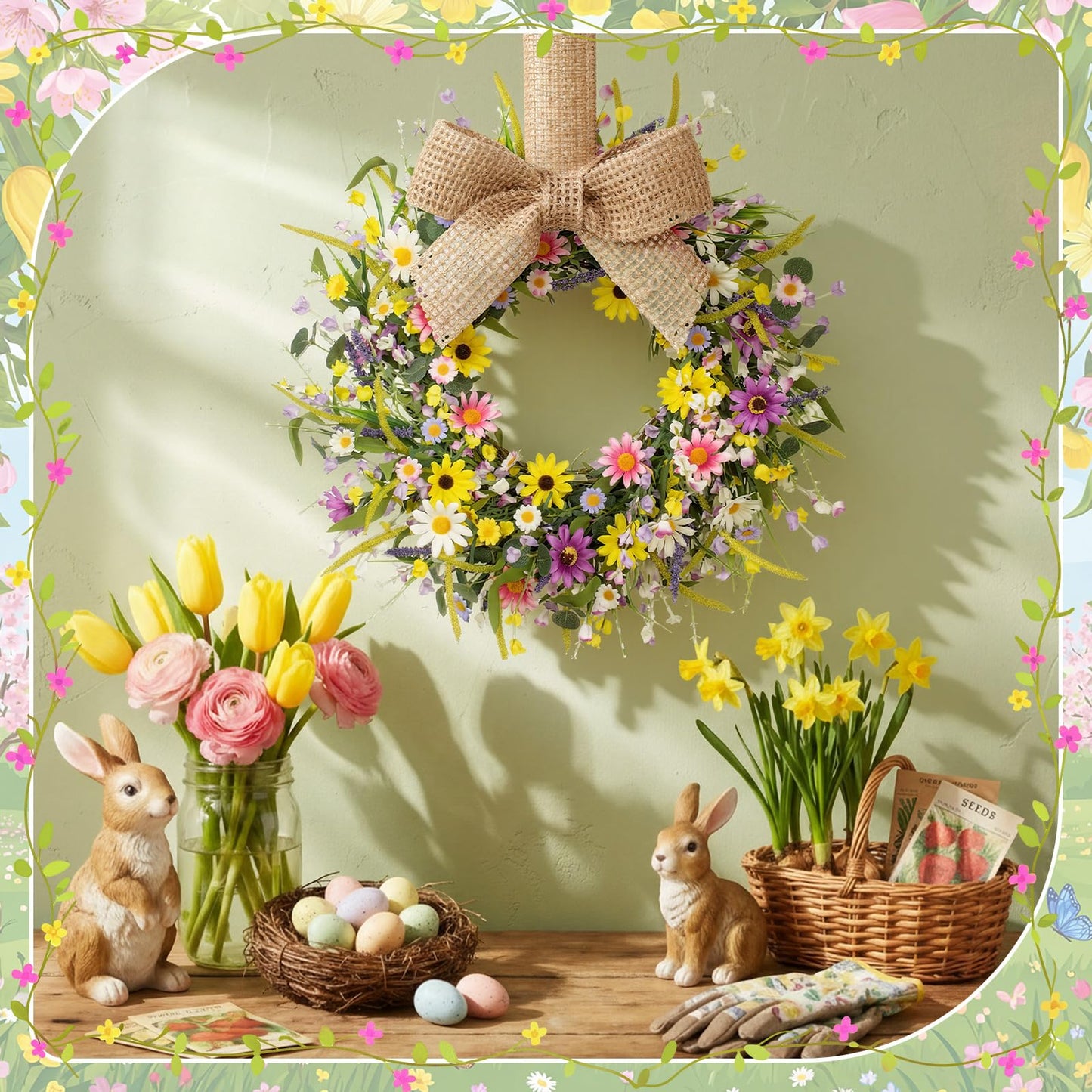 Dingion 6 Pcs 6" Mini Spring Cabinet Wreaths Spring and Summer Wildflower Candle Rings Wreaths for Kitchen with Ribbon Small Floral Wreath for Window Door Farmhouse Wedding Decorations