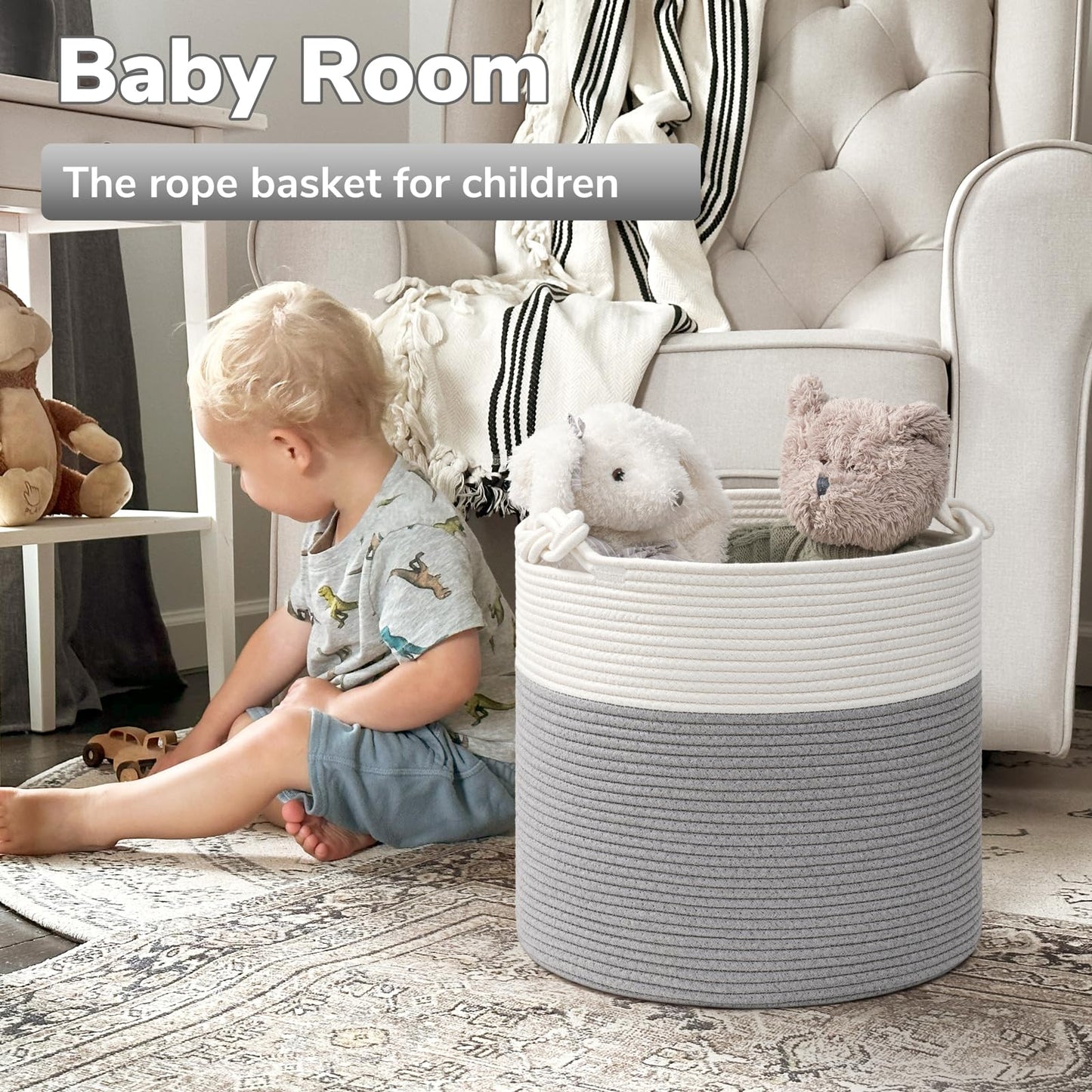 Goodpick Toy Basket for Kids, Woven Rope Blanket Basket for Living Room Nursery Baby Laundry Baskets for Organizing Clothes, Gray
