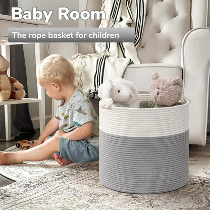 Goodpick Toy Basket for Kids, Woven Rope Blanket Basket for Living Room Nursery Baby Laundry Baskets for Organizing Clothes, Gray