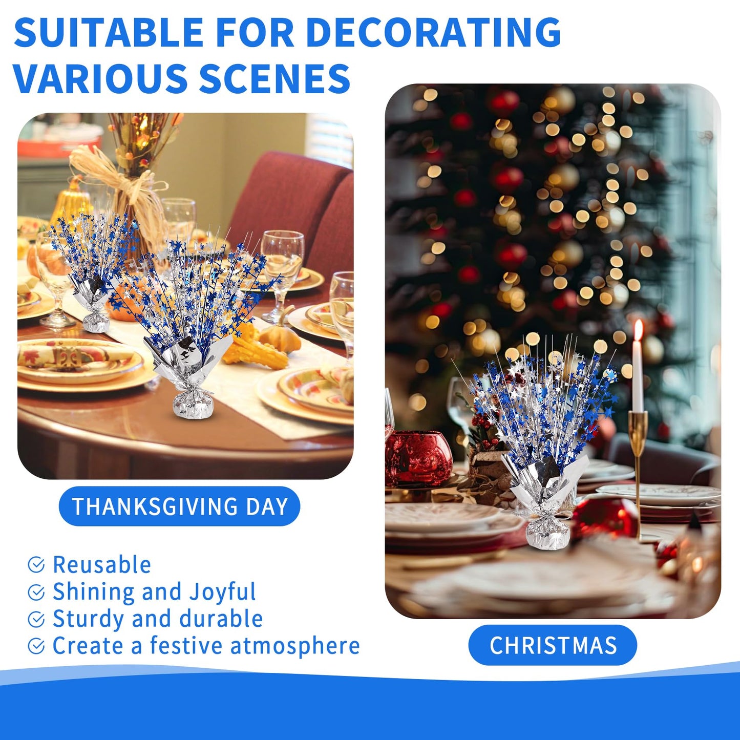 12 Pack Metallic Foil Spary Centerpieces for Tables, Silver NavyBlue Centerpieces for Tables Decorations, Star Brust Table Centerpieces for Birthday Graduation Wedding Baby Shower Party