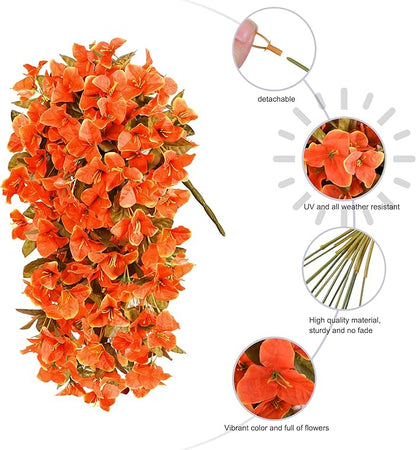 HyeFlora Bougainvillea Artificial Hanging Flowers Plants for Outdoors Winter Decoration, 2pcs Faux Bougainvillea Vines Orange Fake Flowers Realistic UV Resistant Silk Flowers for Outside Planter Yard