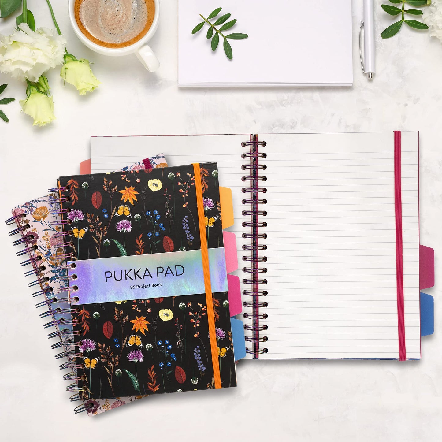 Pukka Pad 5 Subject Spiral Notebook 3-Pack - 200 Pages, 100 Sheets of 80GSM Paper with Repositionable Dividers & Perforated Edges for School & Office Planning & Organization - B5-7 X 10, Bloom