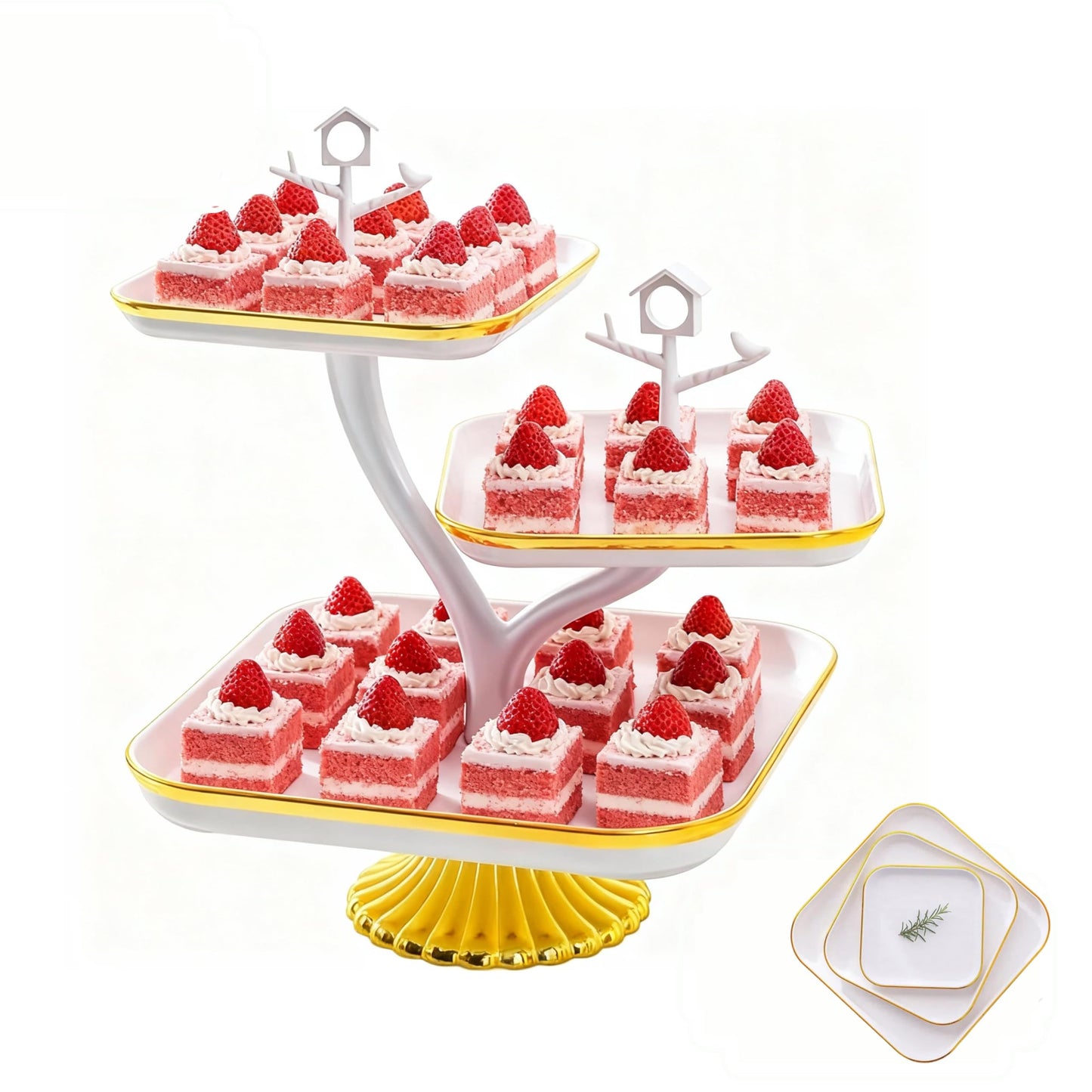 3 Tier Cupcake Stand, Plastic Tiered Dessert Serving Tray, Square Dessert Table Display Set for Cupcakes, Cookies, Macarons, Ideal for Baby Shower, Birthday, Wedding, Tea Party & Home Decor