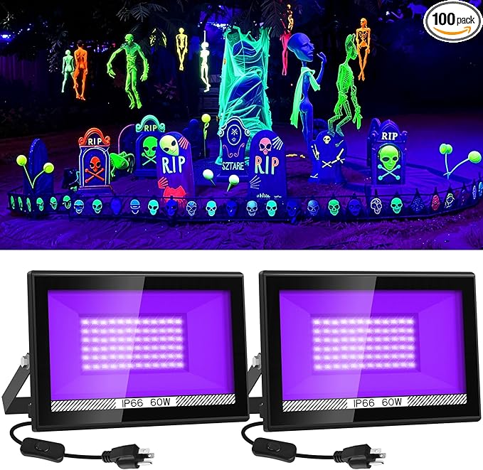 60W Black Lights, 2 Pack LED Blacklight Flood Light with Plug, IP66 Waterproof Black Lights for Glow Party, Stage Lighting, Body Paint, Fluorescent Poster, Neon Glow