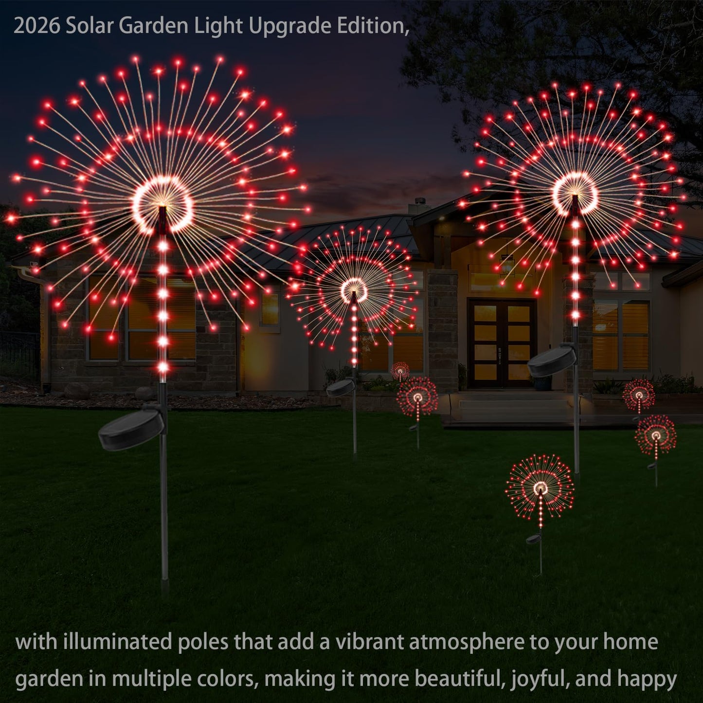 2 Pack 250LED Solar Garden Lights Outdoor, Dual Lighting Modes Firework Lights Solar Powered, Waterproof Twinkle Fairy Light Outside for Yard Patio Pathway Christmas Party Decorative(Red)