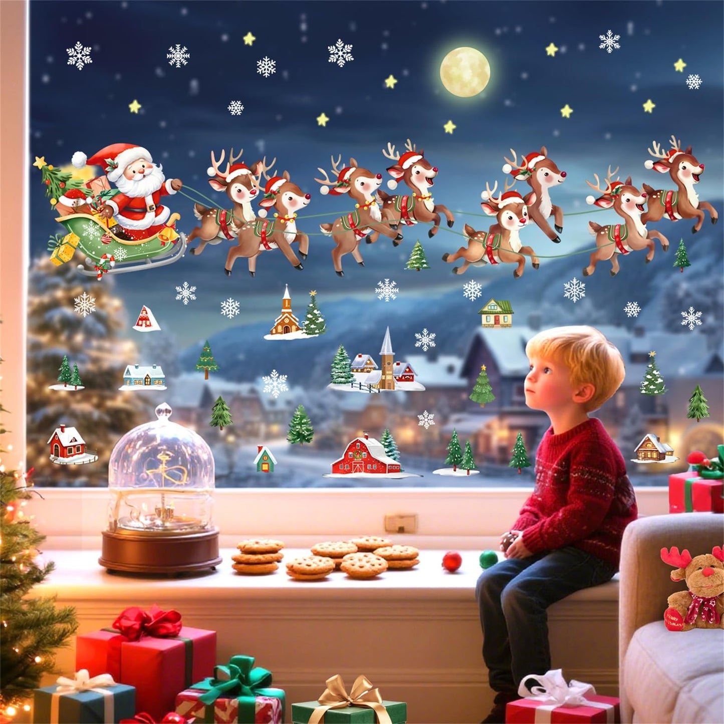decalmile Christmas Santa Claus Reindeer Window Wall Decals Winter Xmas Tree Wall Stickers Snowflake House Window Clings Christmas Party Window Showcase Door Decorations