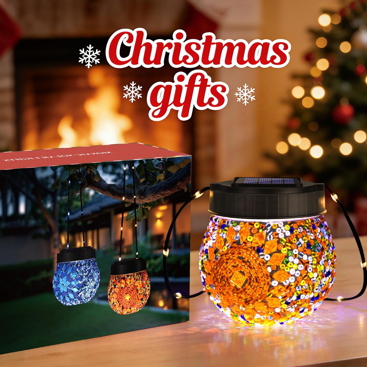 Mosaic Solar Lights Outdoor 6 Pack, Solar Hanging Lanterns Christmas Halloween Gifts for Women Mom Grandma, Waterproof Glass Globe Lights, Garden Patio Decor for Yard, Tree, Balcony, Warm