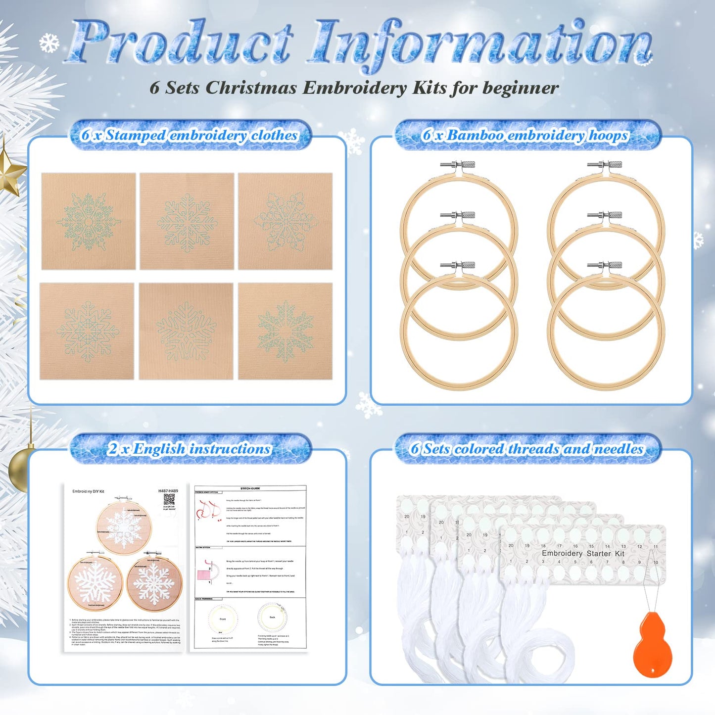 Roowest 6 Sets Christmas Embroidery Kits for Beginners Adults Winter Snowflake Cross Stitch Embroidery Ornament Kit DIY Craft Needlepoint Set with Pattern Instructions Thread Needle Ribbon(Tan)