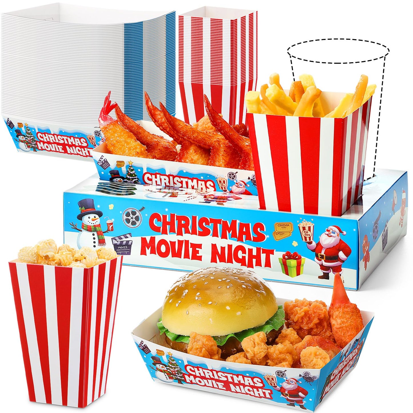 AmazingSpark 36 Sets Movie Night Snack Trays Popcorn Boxes Cardboard Popcorn Buckets Containers Food Trays for Theater Party Decorations (Christmas Movie Night)