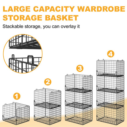 Jakyitvi 4-Tier Extra Height Stackable Closet Organizer – Foldable Storage Bins for Sweaters, Jeans, and Clothes – Sturdy Iron Mesh Shelves for Neat and Efficient Closet Storage – Black