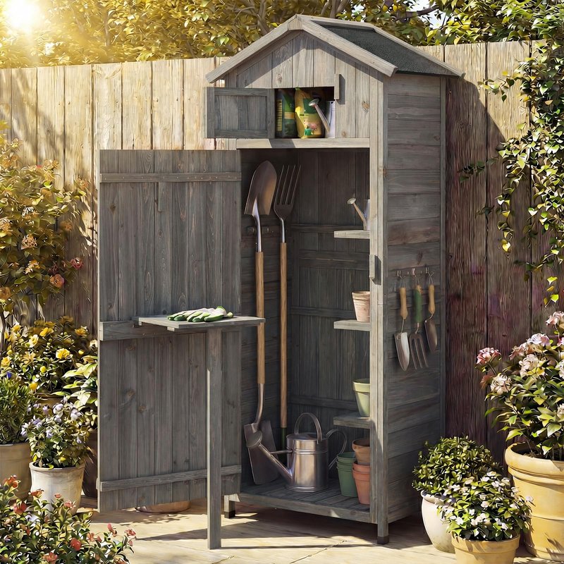 IRONMAX Outdoor Wooden Storage Shed, 70 Inches Outside Vertical Tool Storage Cabinet w/Folding Table & Removable Shelves, Tall Wood Garden Shed for Patio, Deck, Backyard, Lawn (Grey, 30“x20”x70”)