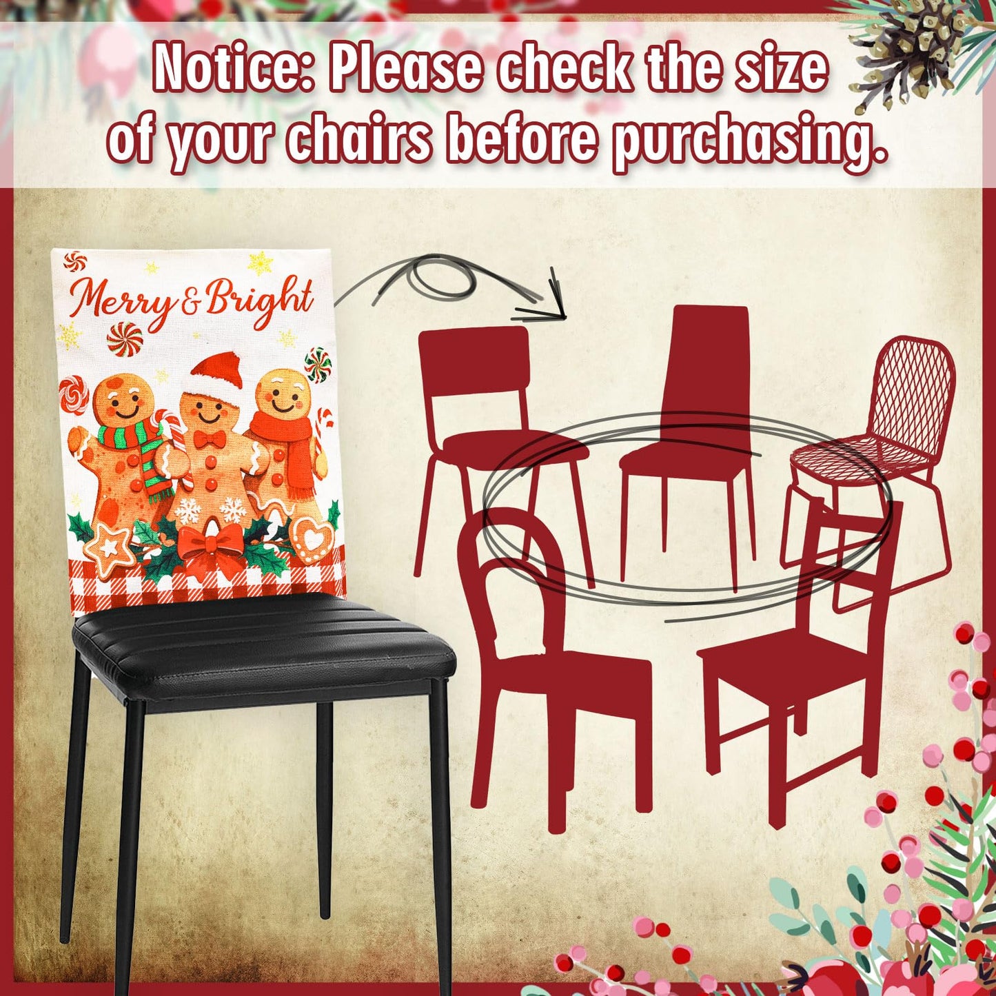 Whaline 4Pcs Christmas Chair Back Cover Red White Plaid Gingerbread Man Candy Cookie Seat Covers Dining Chair Slipcover Protector for Winter Xmas Home Kitchen Decor