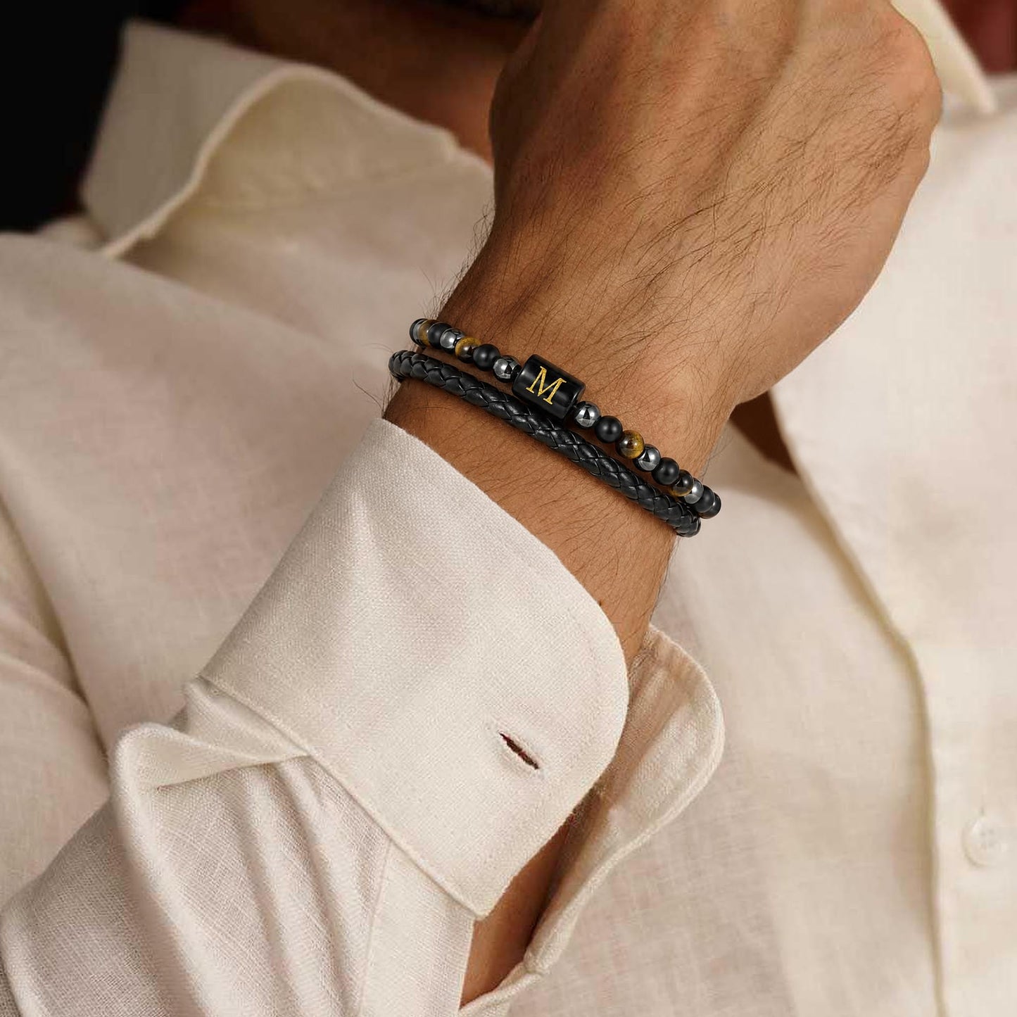 OUTSTHAND Leather Initial Bracelets for Men, Tiger Eye Beaded Bracelets Birthday Gifts for Husband Boyfriend Dad Gifts for Mens Personalized Mens Jewelry Fathers Day Gift for Men