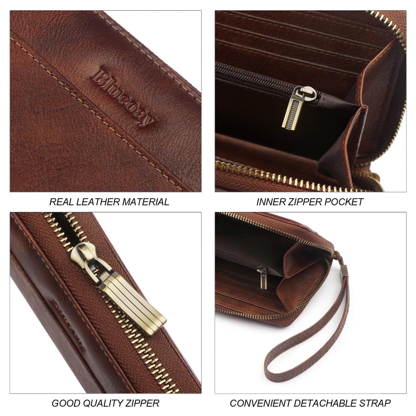 Blucoay Leather Wallet Women Wristlet RFID Blocking Large Capacity Long Wallet For Women Card Holder With Zip Coin Pocket(darkbrown)