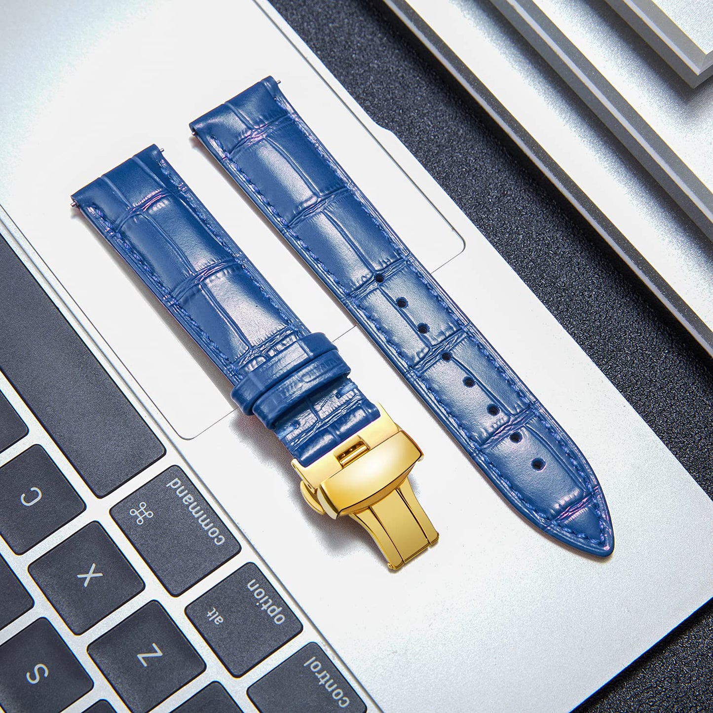 BINLUN Leather Watch Strap, Quick Release Genuine Leather Replacement Watch Band with Butterfly Deployment Buckle for Men and Women, 12mm-24mm(Blue-Gold,18mm)
