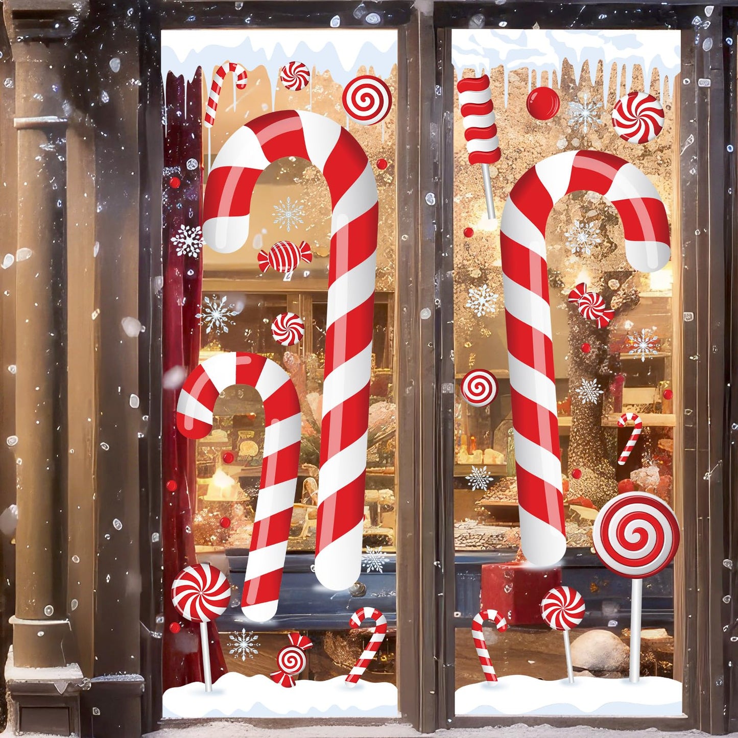 Solsew 3 Sheet 35.4 x 11.4 Inch Extra Large Christmas Candy Cane Window Clings with Snowflake and Ice Stereo Candy Snowflakes Christmas Window Stickers for Xmas Home Office Decor Winter Decoration
