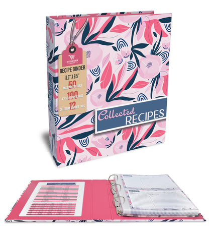 Better Kitchen Products Recipe Binder, 8.5" x 9.5" 3 Ring Binder Organizer Set (with 50 Page Protectors, 100 4" x 6" Recipe Cards & 12 Category Divider Tabs) Floral Design