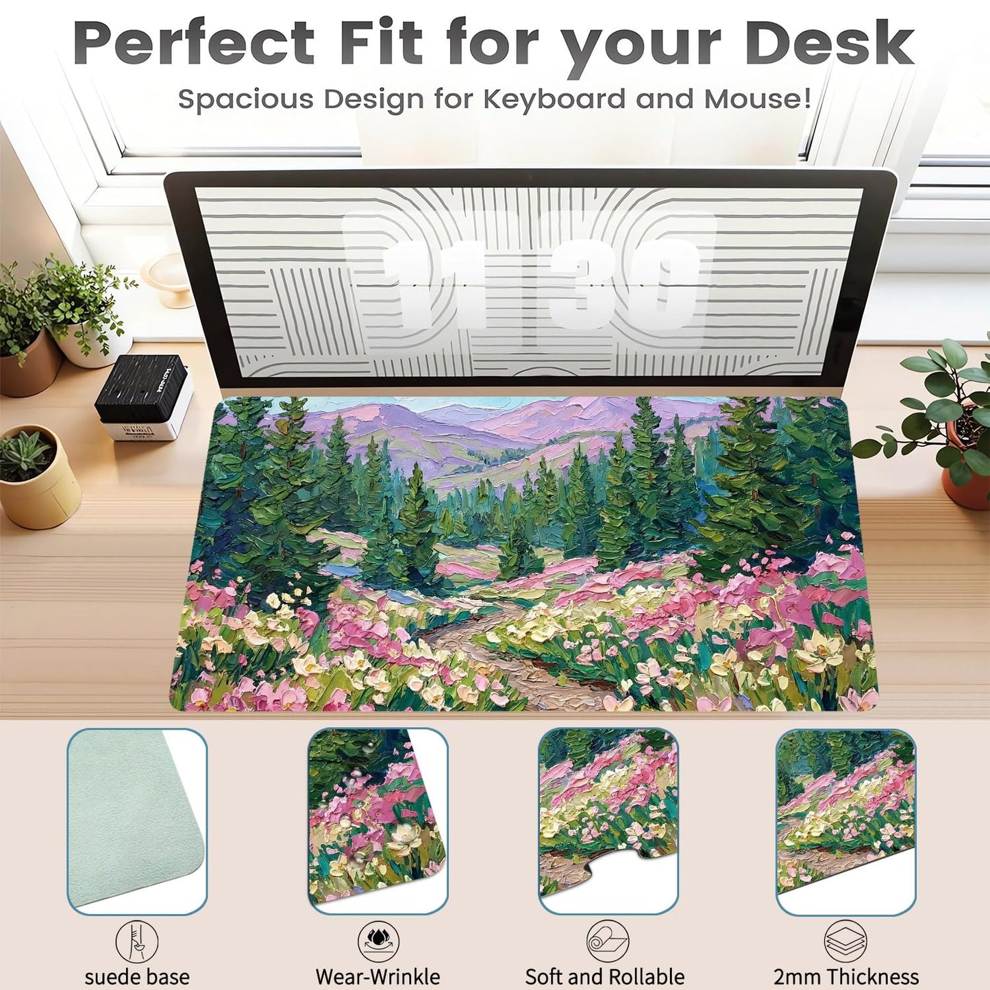 CozyNestCY Oil Painting of Flowers Office Desk Mat 27.6'‘ x 13.8’' Desktop Mat PU Leather Large Mouse Pad Green Mousepad Non-Slip Table Mat for Girls, Women, Home, Work, Computer, and Gaming