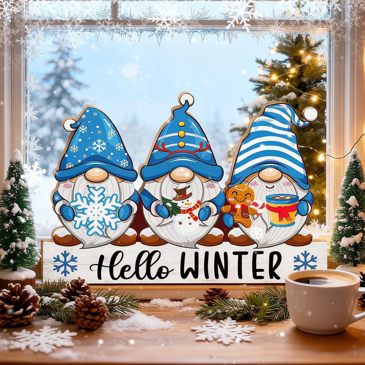LawnIdyll Winter Christmas Gnome Decoration Reversible Double Side Wooden Tabletop Sign Hello Winter Merry Christmas Table Centerpieces for Holiday Mantle Tiered Tray Shelf Holiday Party Home Decor