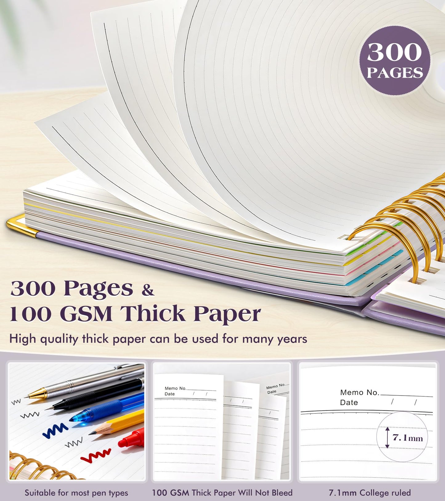 Spiral Notebook Journal with Removable Dividers Tabs, 300 Pages Hardcover Leather 5 Subject College Ruled Notebook, 8"x10" Large B5 Lined Journal for Women Men, Spiral Notebooks for Work School,Purple