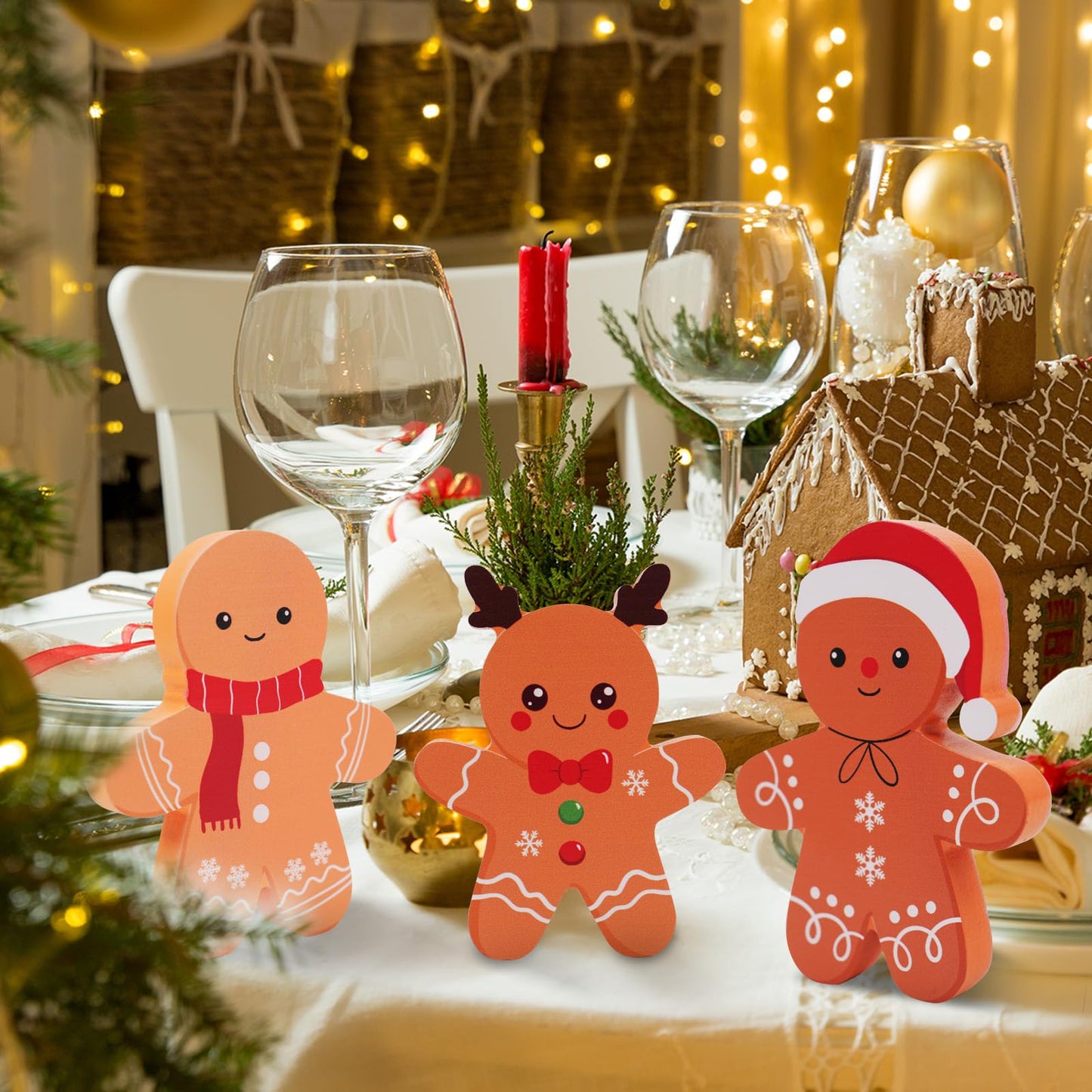 COCHIE Gingerbread Man Christmas Decorations Indoor, Tiered Tray Decor Set of 3, Wooden Gingerbread Blocks Xmas Table Decoration for Party, Home, Office, Shelf, Door (2024)