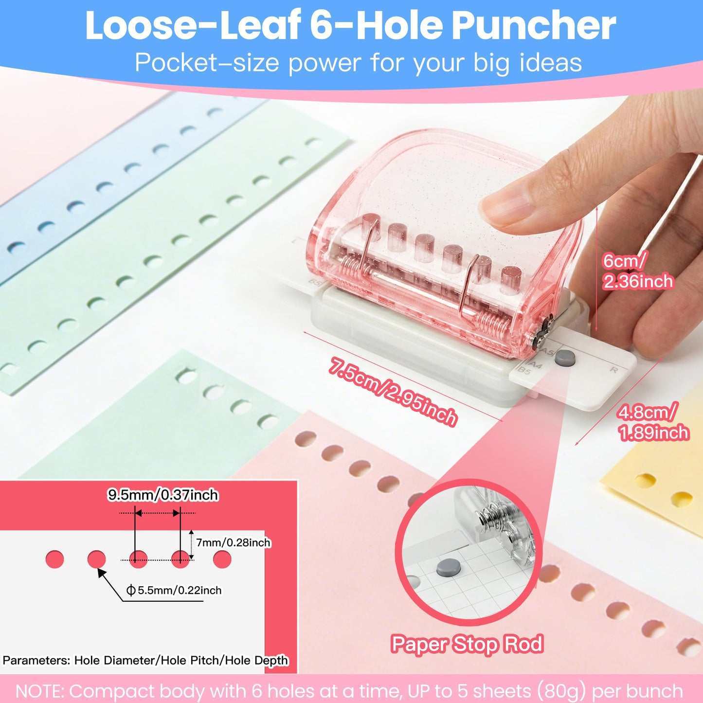 6-Hole Punch for Planners Essential,Mini Portable Paper Puncher for A5 A6 Personal Size Binder for DIY,Craft,Scrapbooking,Planner Inserts,Loose Leaf,Notebook,Journaling,for Office Home School
