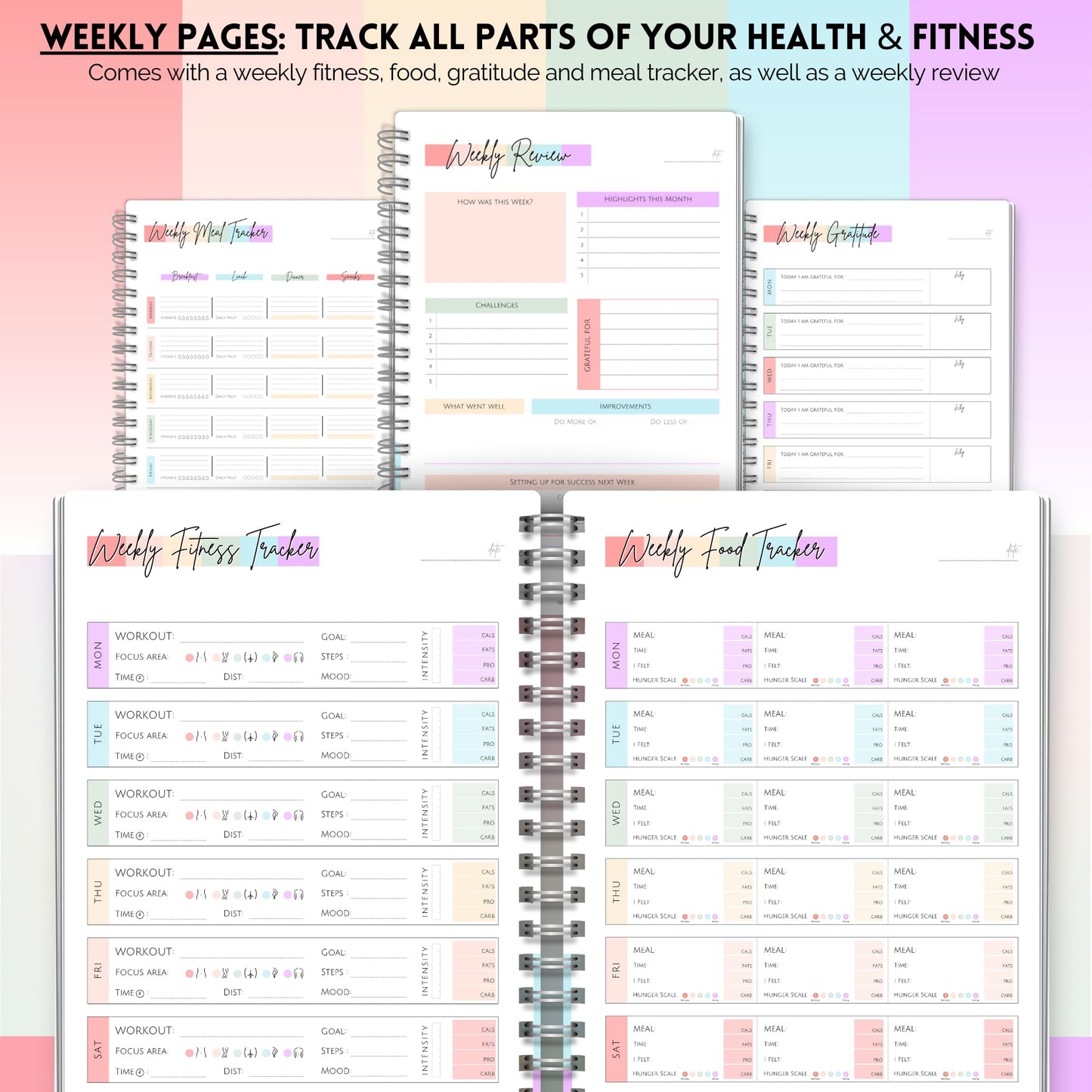 Wellness Journal - 90 Day Health, Fitness, Gratitude, Mindfullness, Wellbeing, Habit, Goals, Diet & Food Tracker - A5 (Pastel Rainbow)