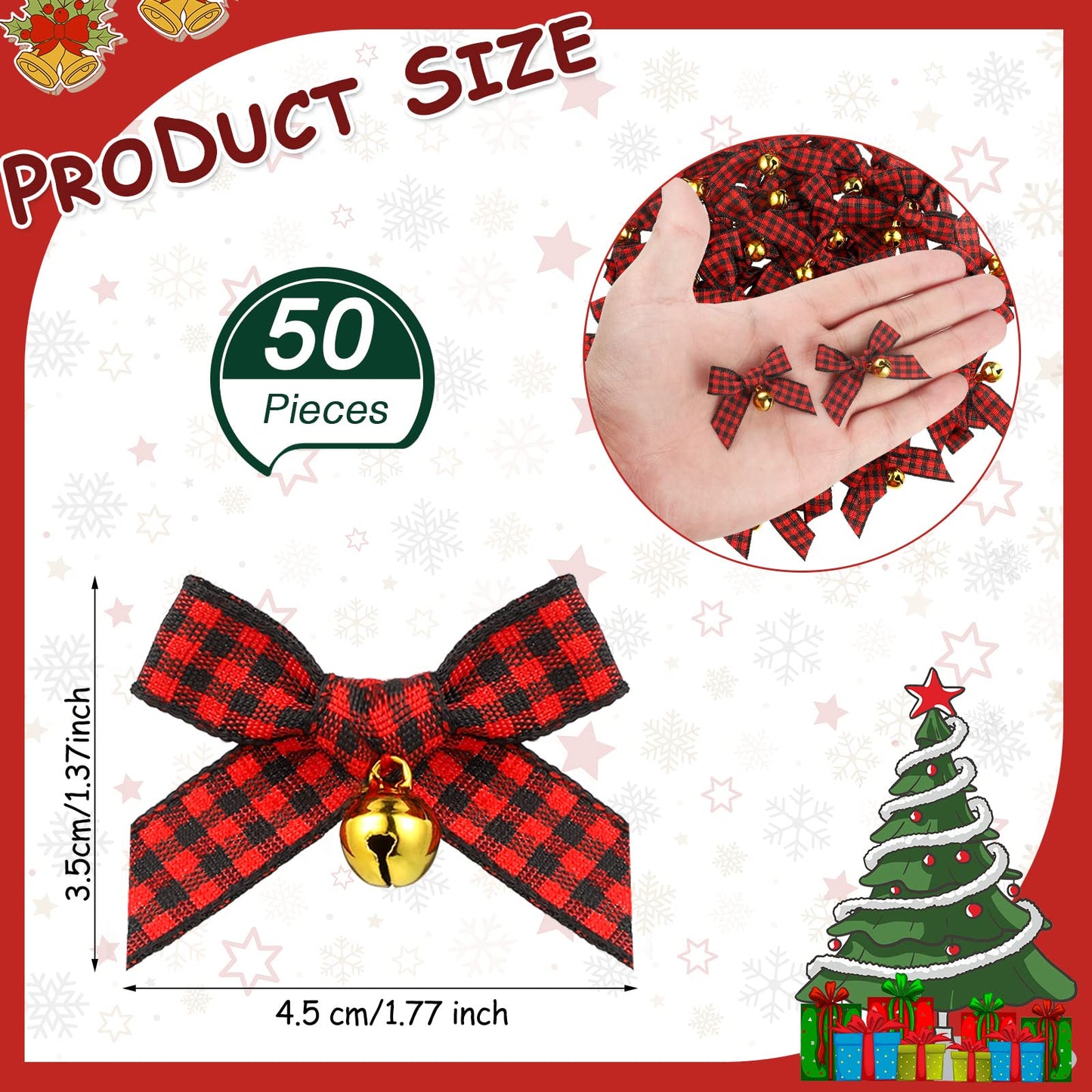 Dingion 50 Pieces Christmas Bow with Bell Mini Plaid Buffalo Plaid Bow Gingham Xmas Bells for Christmas Tree Crafts Home Decoration DIY Making Ornament(Red and Black)