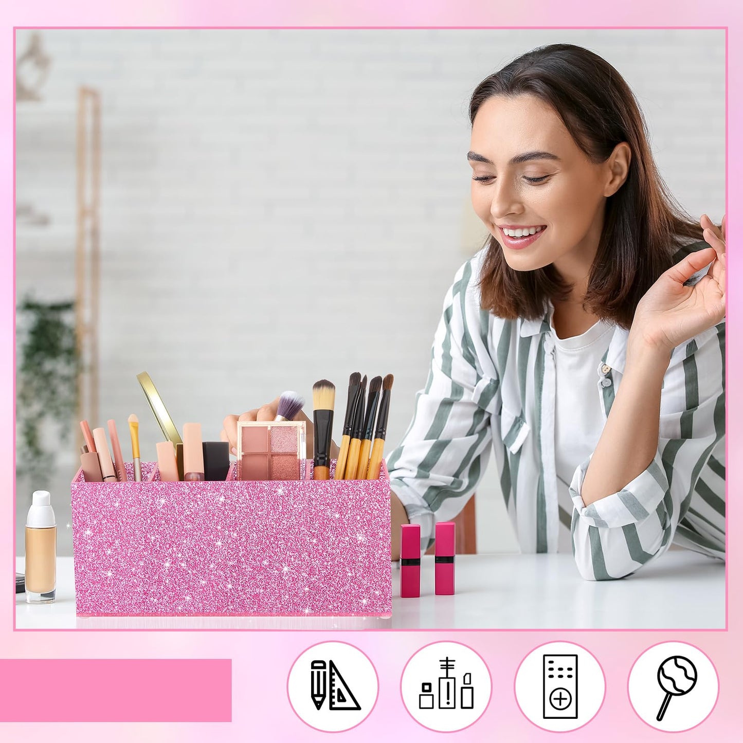 Jetec Acrylic Glitter Pen Holder 4 Compartments Bling Makeup Brush Stationery Organizer Pencil Holder for Desk Accessories Sparkly Gifts for Women Birthday Valentines Desktop Workplace Office(Pink)