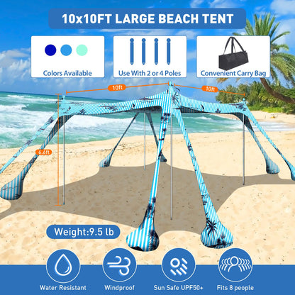Wabolay Beach Tent Canopy Pop Up Shade 10x10ft Sun Shelter Portable Family UPF50+ with 8 Sandbags-2 Sand Shovel-4 Aluminum Poles-Ground Pegs-Carrying Bag for Outdoor Camping Fishing Backyard Picnic