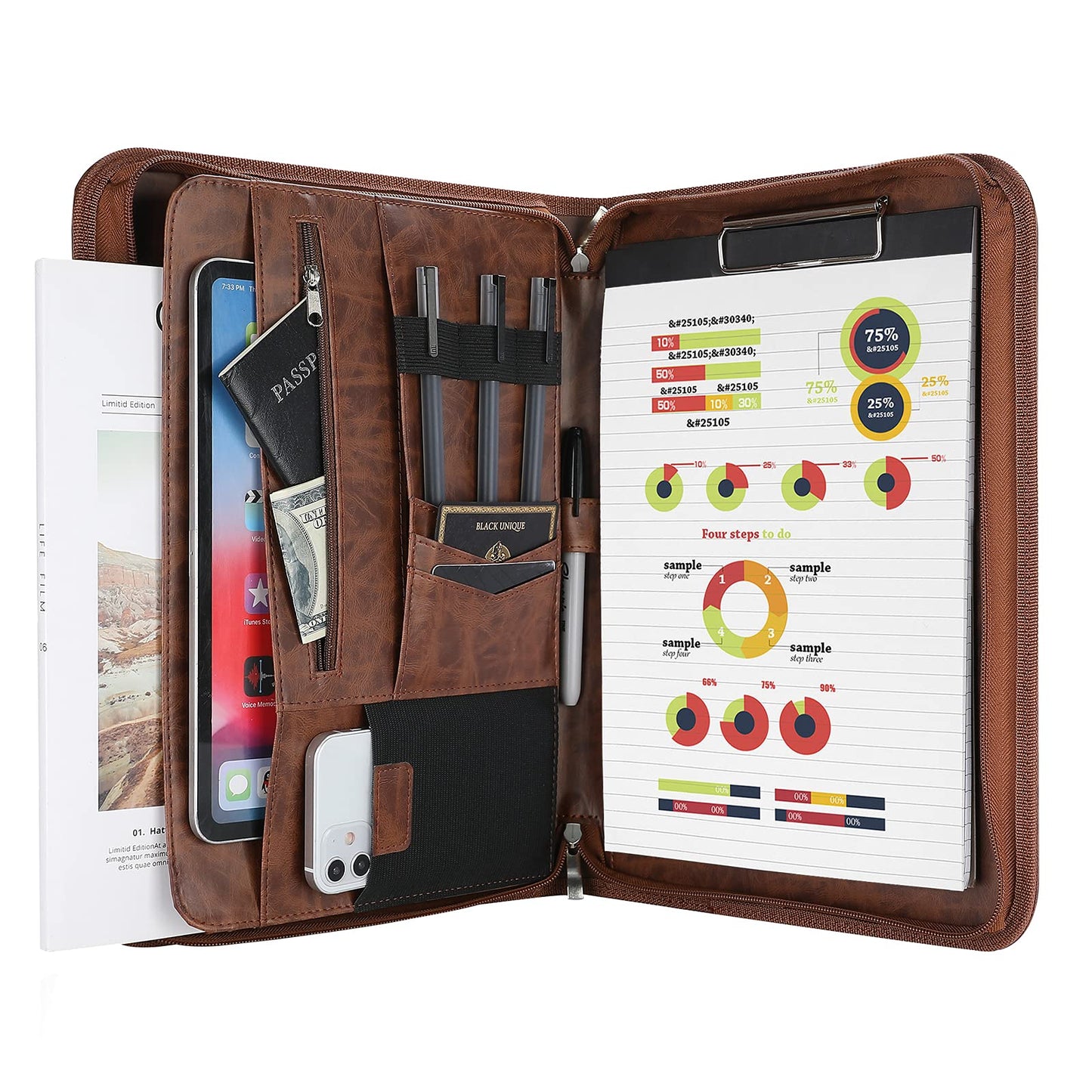 ProCase Portfolio Business Padfolio Folder with Zipper, Conference Meeting Executive File Legal Document Organizer with Pockets Letter Size A4 Writing Pad Notepad Padfolio -Brown
