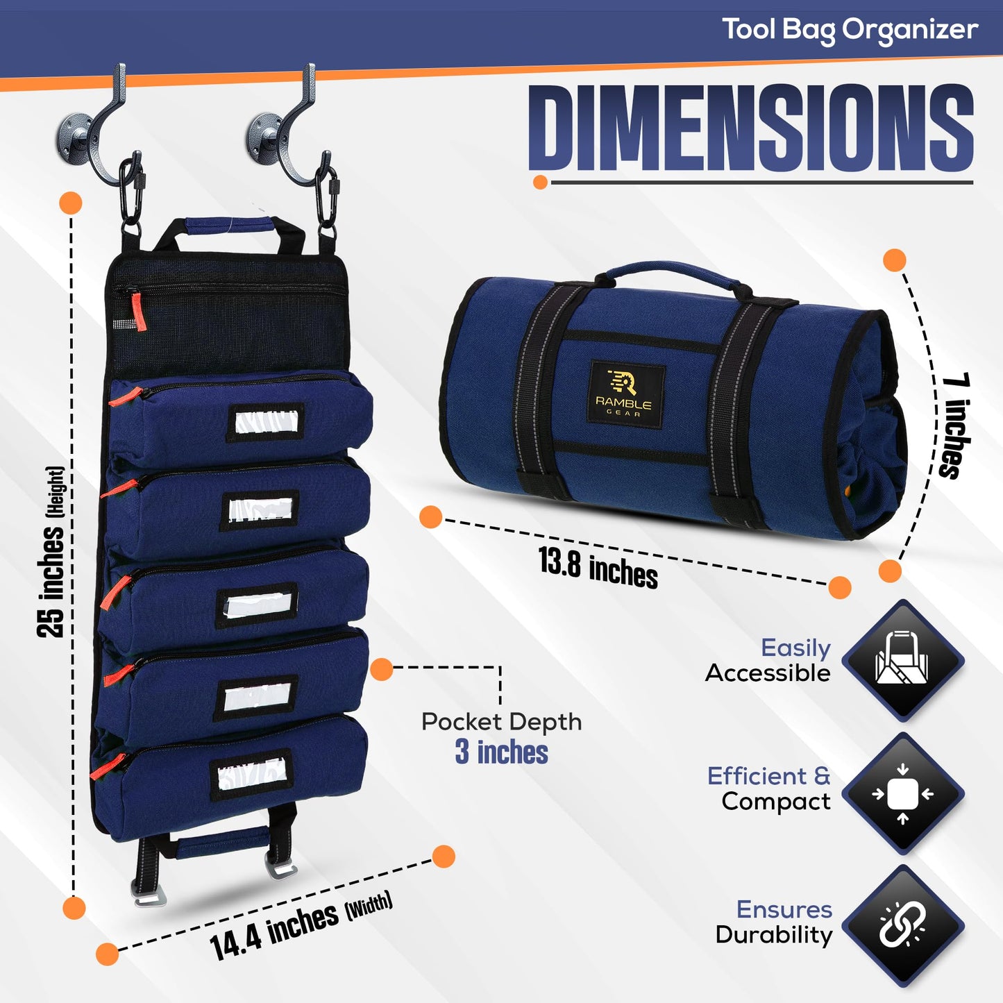Ramble Gear Roll Up Tool Bag Organizer – Heavy Duty Canvas Tool Roll Bag, Tool Roll Up with 5 Oversized Labeled Pockets & Carabiners, Portable Roll Up Tool Organizer for Mechanic, Truck & Car (Blue)