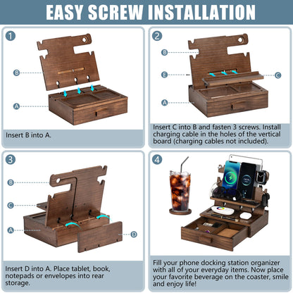 Black Wood Phone Docking Station for up to 3 Phones - Nightstand Organizer for Men & Women, Compatible with Apple Watch, Holds Phones, Tablets, Keys, Rings, Glasses, Watches, EDC & More