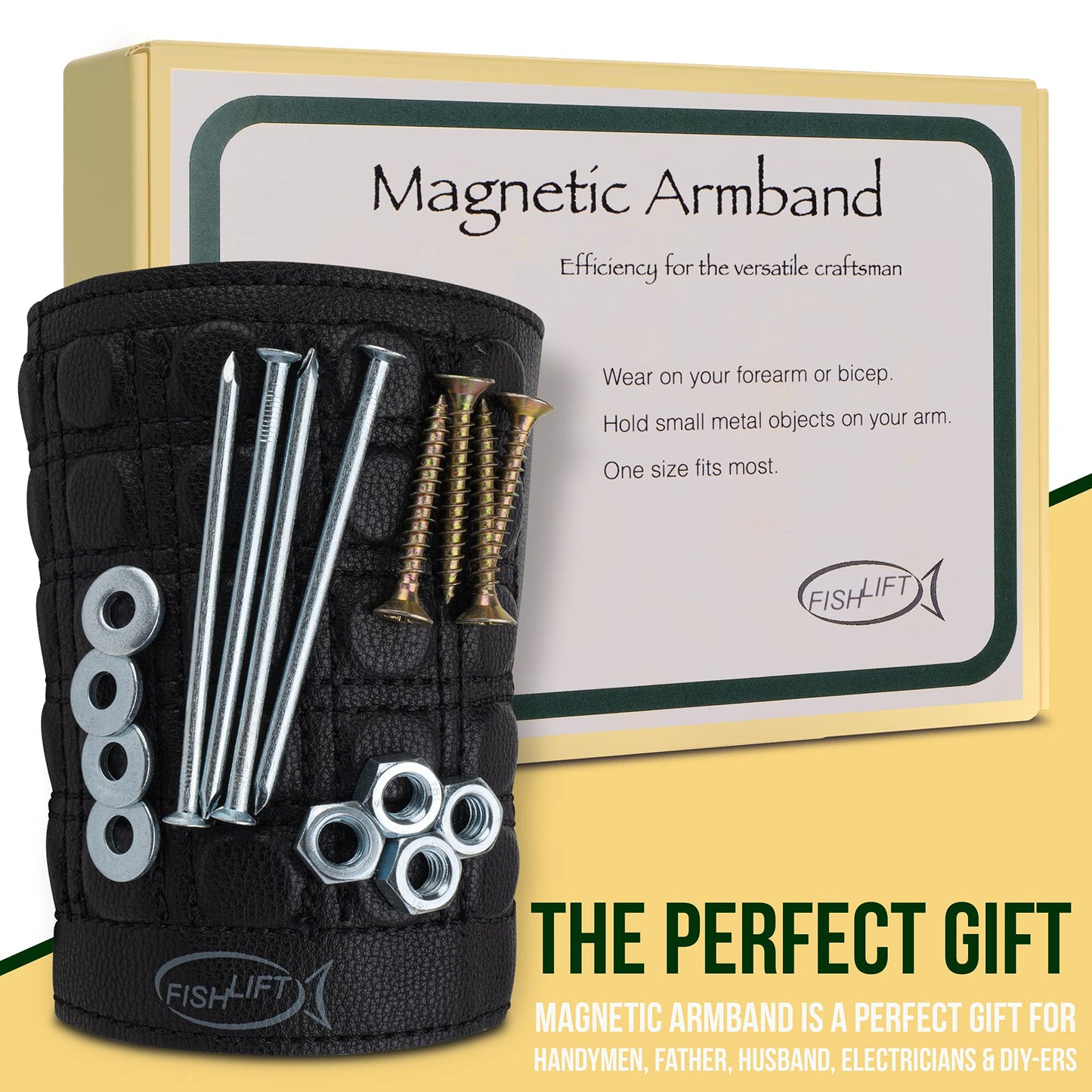 The Fishlift Magnetic Armband- Toolbelt for Your Arm with 25 Powerful Magnets, Stretchable Fabric and Real Leather - Hold Screws, Bits, and Nails.