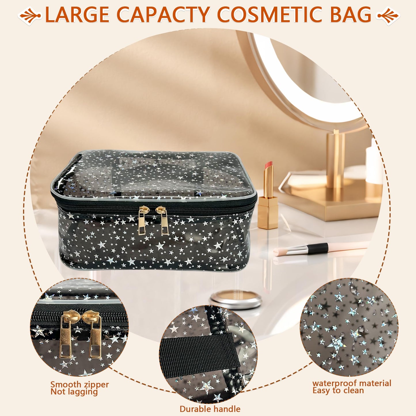 TotePrint Star Pattern PVC Waterproof Makeup Bag - 9.84×7.09×3.94inch Cosmetic Organizer with Handles for Women & Men, Travel Toiletry Bag (Black)