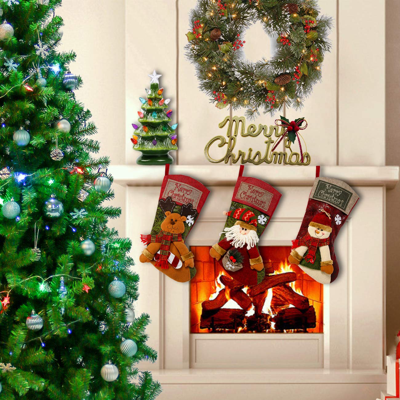 Sunnyglade 3PCS 18" Christmas Stocking Classic Large Stockings Santa, Snowman, Reindeer Xmas Character for Family Holiday Christmas Party Decorations