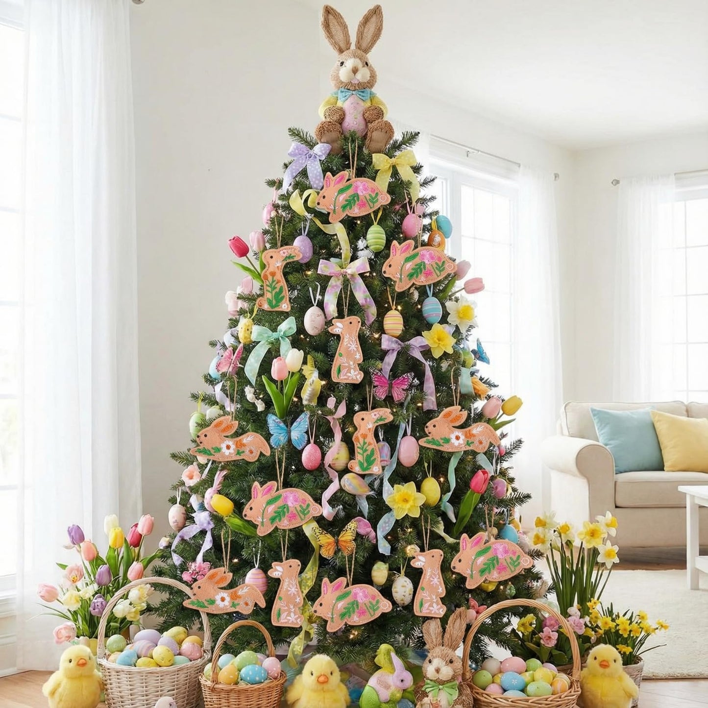 HunnmingRe 12 Pcs Easter Bunny Ornaments Felt Embroidery Easter Hanging Tree Ornaments Handcrafted Bunny Rabbit Spring Tree Decorations for Spring Party Door Home Wall Mantel Decor Arts Crafts Gifts