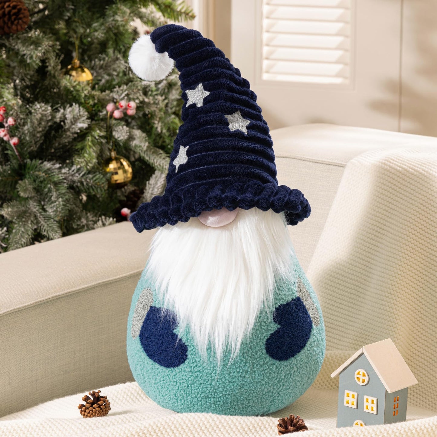 Phantoscope Merry Christmas Throw Pillow, Sherpa Fleece Gnome Santa Claus Shaped Pillow with Corduroy Hat & Pom-pom Plush Xmas Decorative Pillow for Couch, Blue, 10.5x18 inch