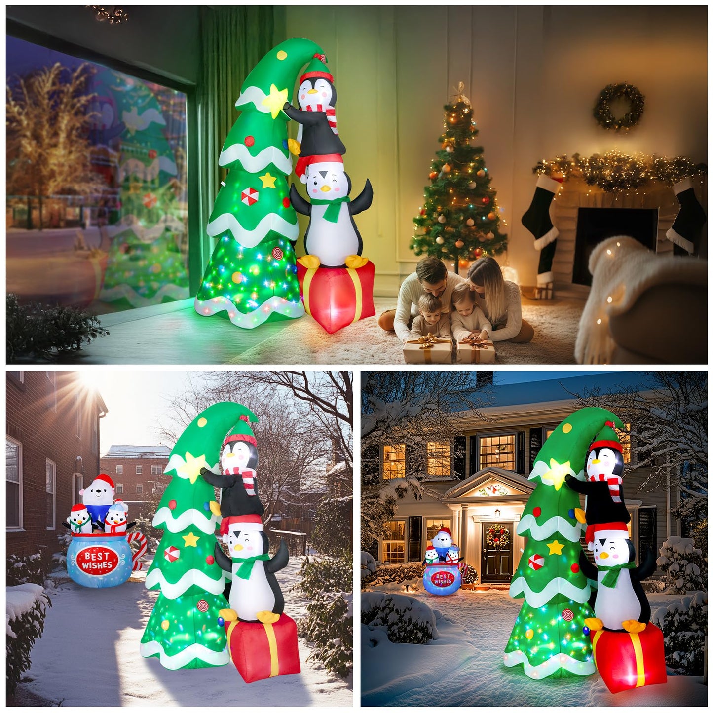 7FT Inflatable Christmas Tree Outdoor Decorations, Blow up Christmas Tree with Penguins & Gift Box Yard Decorations, Build-in LED Lights for Holiday Party Indoor Garden Lawn Patio Festive Decor