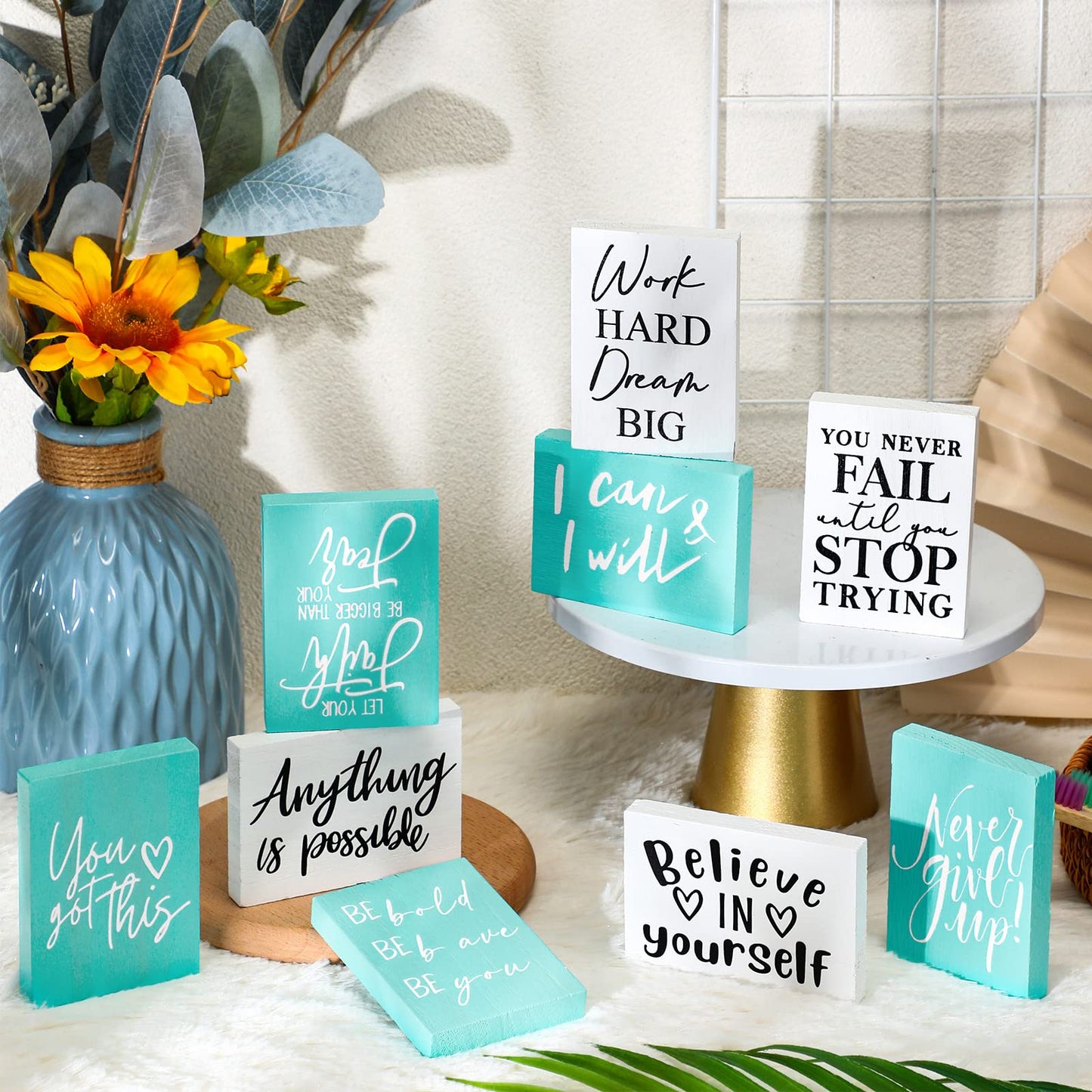 Yulejo 9 Pieces Mini Inspirational Desk Decor Motivational Quotes Wooden Signs Positive Office Desk Decor Bathroom Shelf Decoration Cheer up Gifts for Women Office, 3.5 x 2.5 Inch (White, Green)