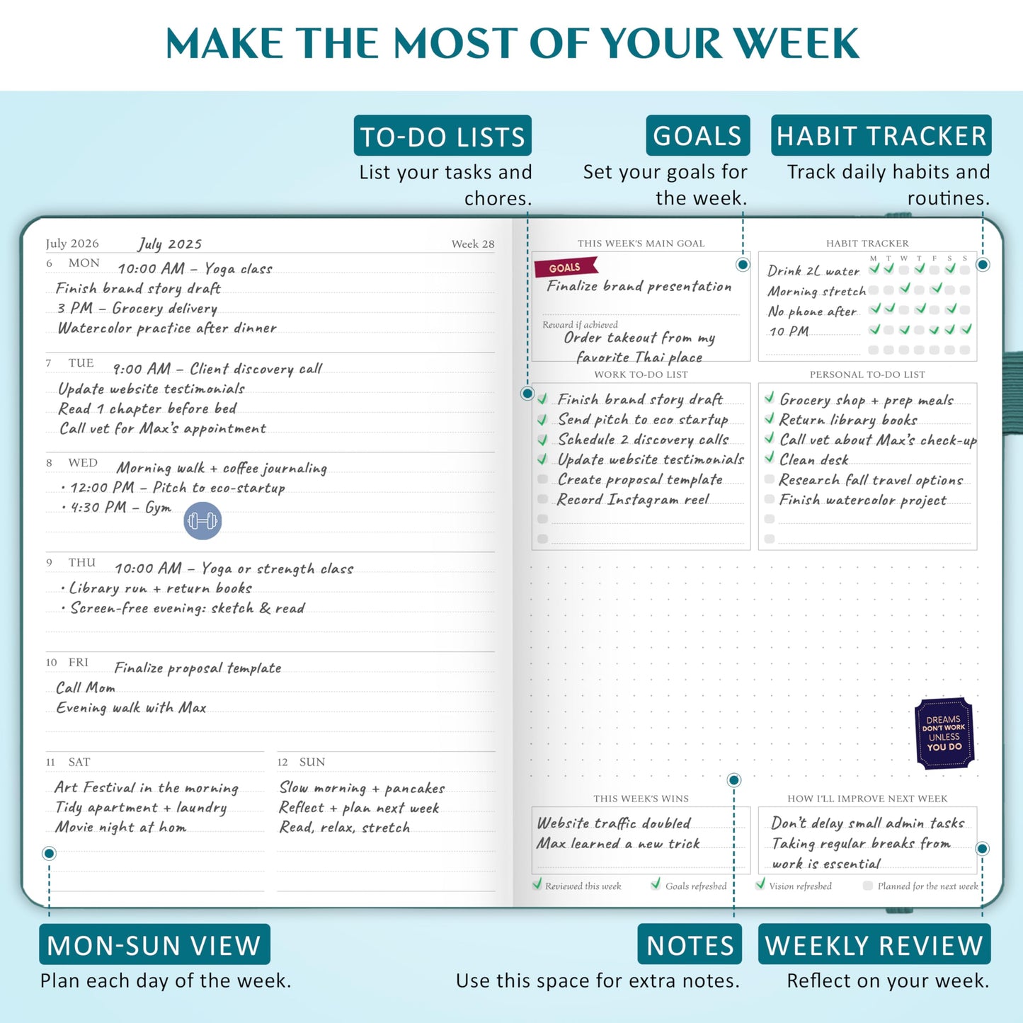 Legend Planner Jan 2026 – Jan 2027 Dated Weekly & Monthly Planner to Hit Your Goals, Increase Productivity & Live Happier. Organizer Notebook & Productivity Journal. A5 Hardcover (Dark Teal)