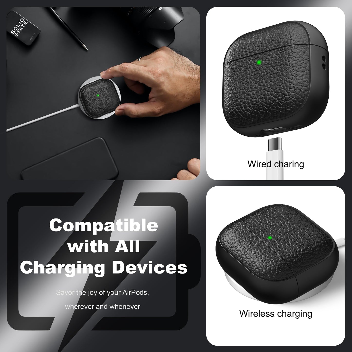 R-fun for Airpods 4 Case, Soft TPU (Leather-Like Design) Drop Protection Cover for Men and Women with Lanyard and Cleaner Kit, Compatible with Apple Latest Airpods 4th Gen(USB-C)(2024)-Black