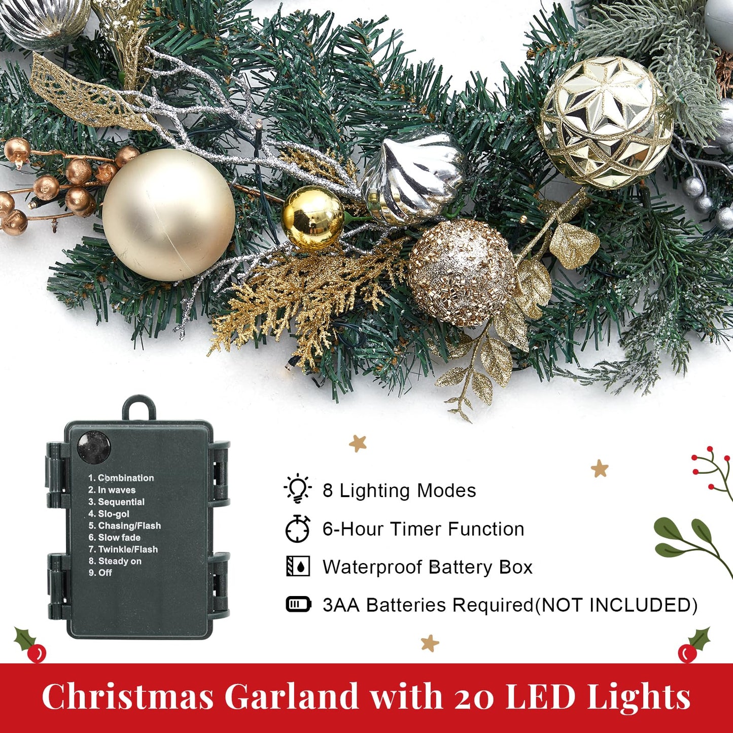 FairyLee 6ft Battery Operated Christmas Garland with 20 LED Lights & Timer, Pre-Lit Artificial Garland for Mantle, Staircase, Table, Indoor Outdoor Xmas Holiday Decor,Gold
