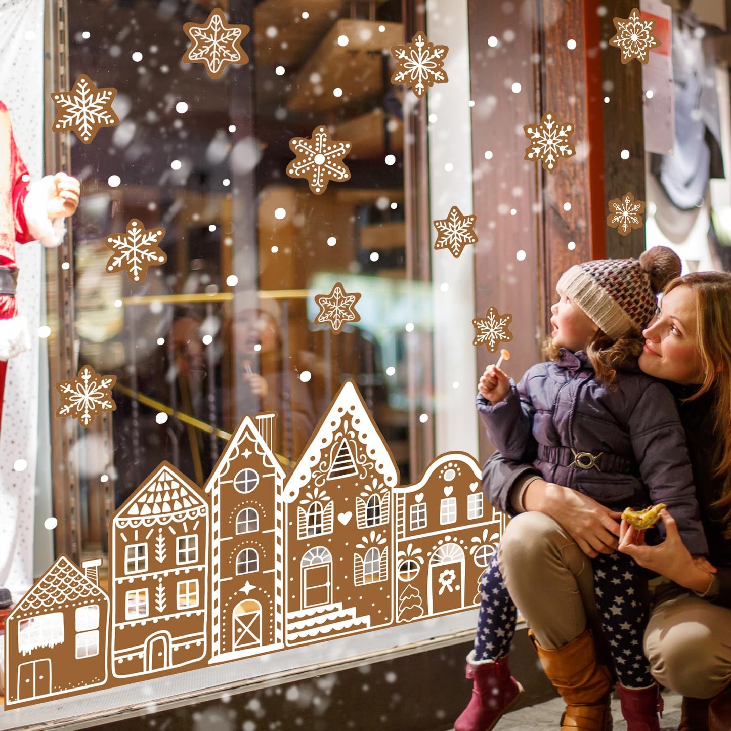 Whaline Christmas Gingerbread Window Cling Stickers Window Decals Brown Gingerbread House Snowflake Reusable Decoration for Xmas Winter Holiday Party Home Classroom, 2 Sheets