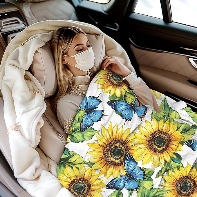 Sunflower Garden Blanket Gfits for Women Men Kids Butterflies Throw Blankets Soft Lightweight for Home Decor Couch Bed Sofa 50x60 Inches