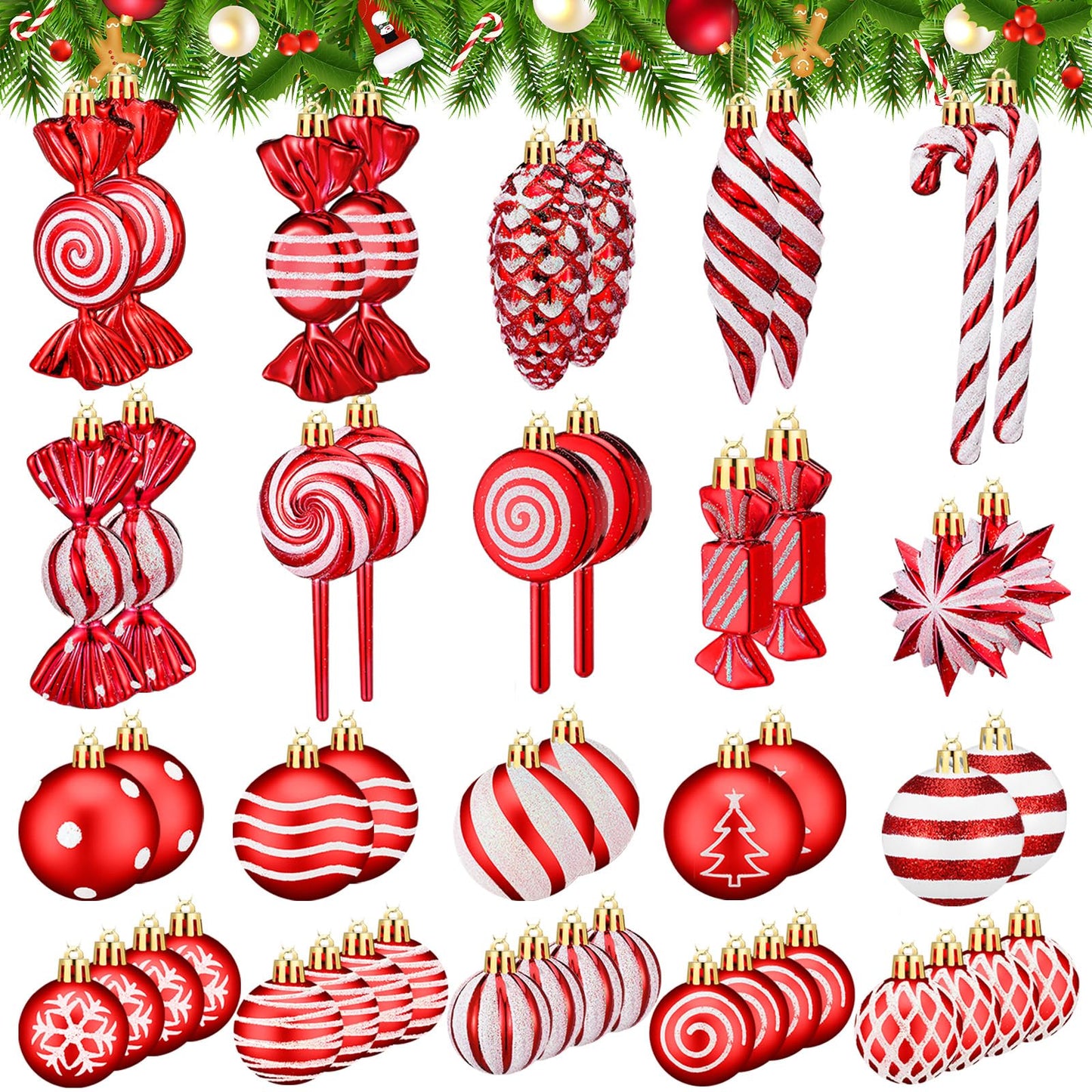 Knitgrip 50 Pcs Christmas Candy Cane Lollipop Ornaments Christmas Peppermint Candy Tree Balls Decorations with Rope Plastic Xmas Hanging Ornaments for Party Decor(Red, White)
