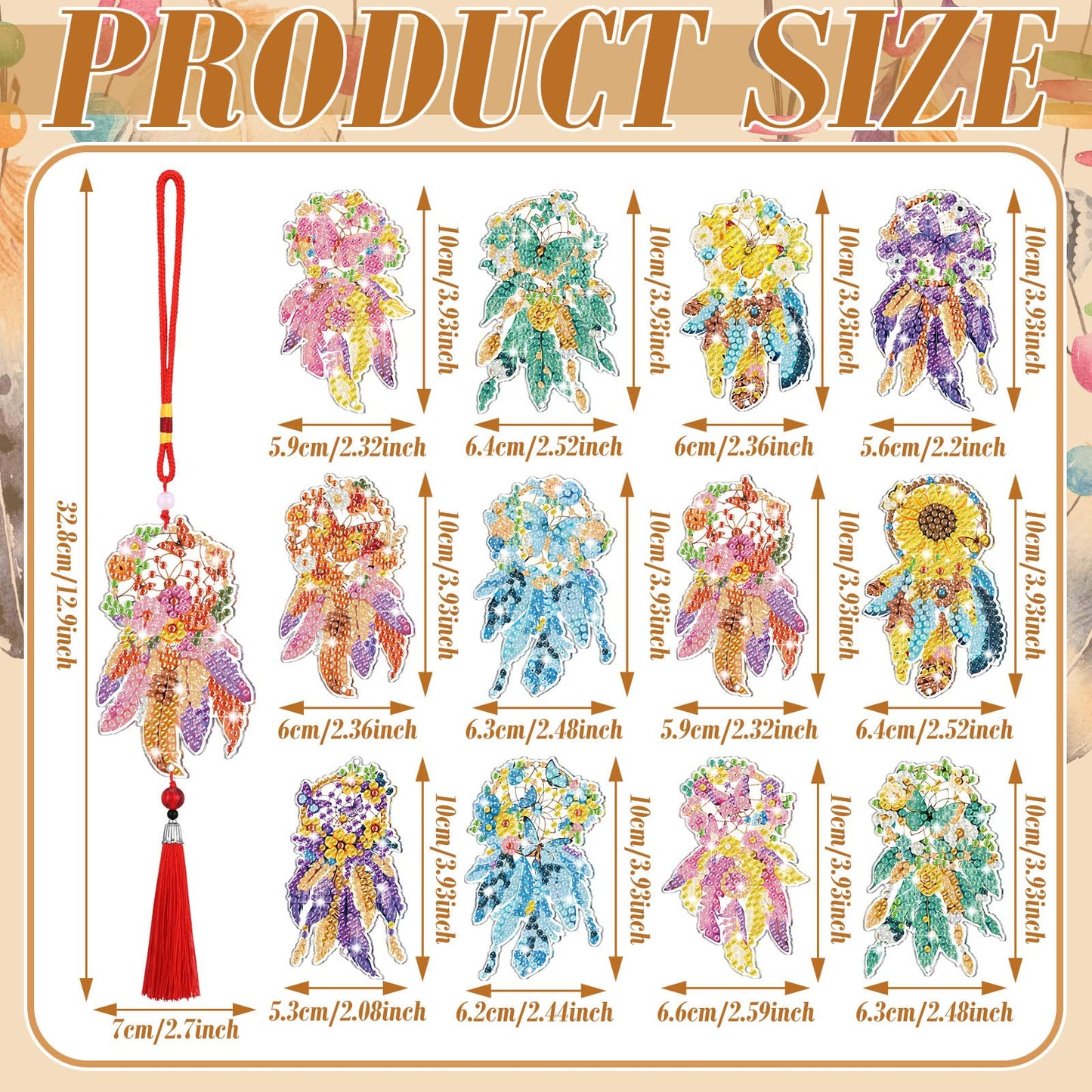 JenPen 12 Pcs Diamond Painting Car Ornaments Diamond Art Ornament for Car Double Sided Painting Hanging Ornament Crystal Gem Garden Decoration Paint DIY Kit(Dream Catcher)