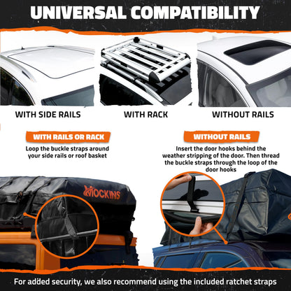 Mockins 25 Cu.Ft. Heavy Duty Car Roof Bag 60"x43"x17" | Works with or Without Roof Rack | Great for Road Trip Vacations, Camping Adventures & More | Set Includes Roof Mat, Lock, Hooks & Straps