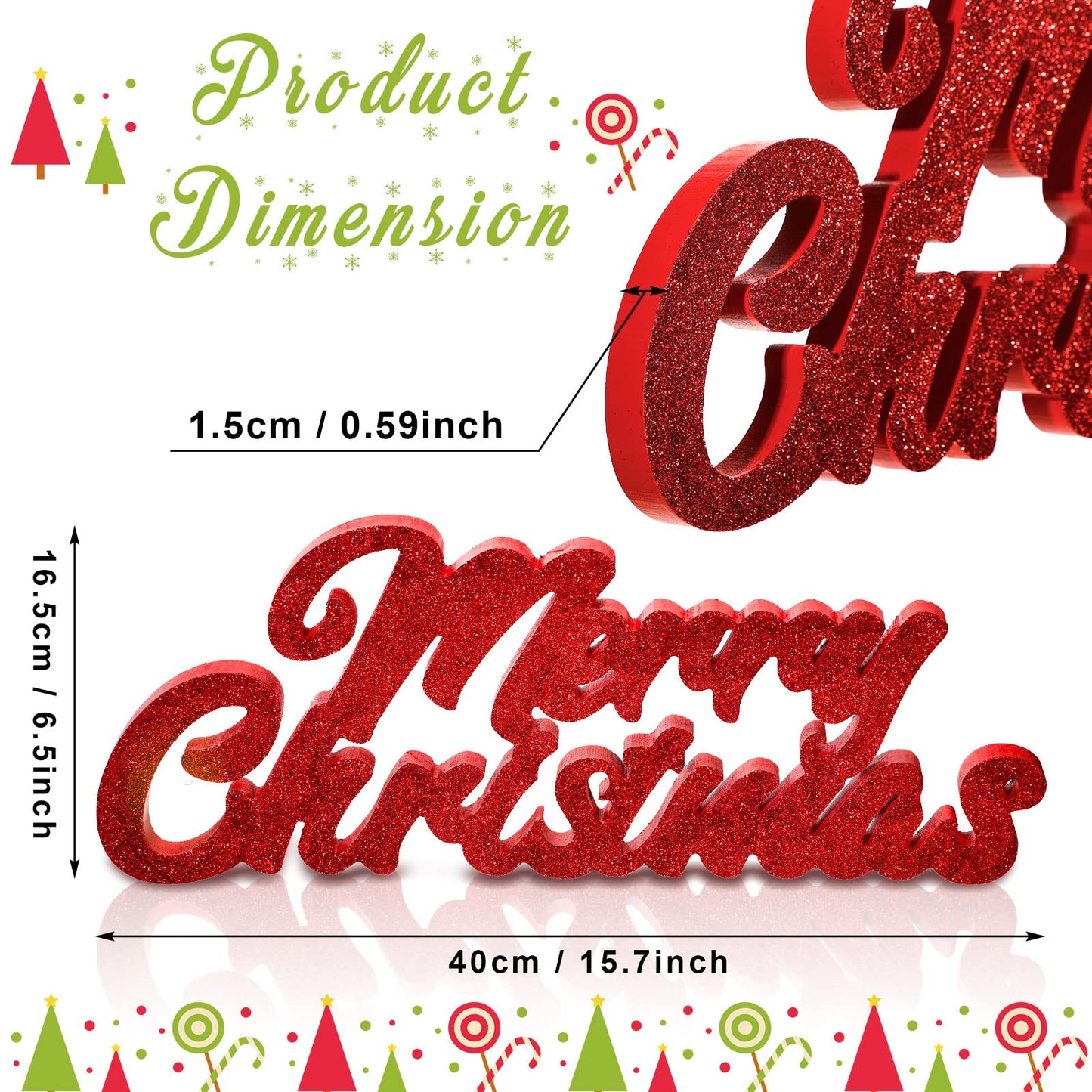 Merry Christmas Signs Merry Christmas Glitter Wood Block Freestanding Tabletop Holiday Home Decor Merry Christmas Freestanding Cutout Wood Block for Xmas Party Table Centerpiece Holiday Decor (Red)