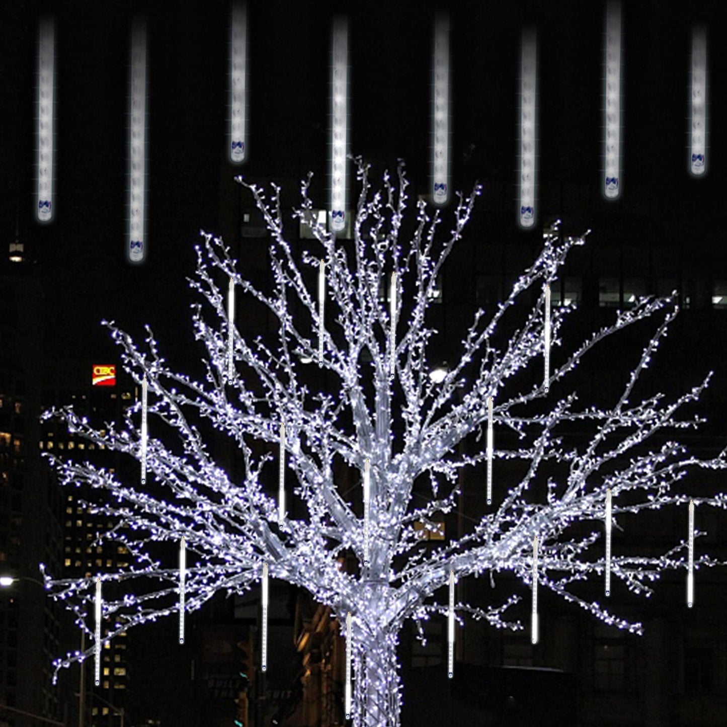 LJLNION 24 Tubes Meteor Shower Lights, Outdoor Icicles Christmas Decor, 12 Inch 864 LED Snow Falling Connectable Raindrop Lights, Xmas Wedding Party Tree Holiday Decoration, White